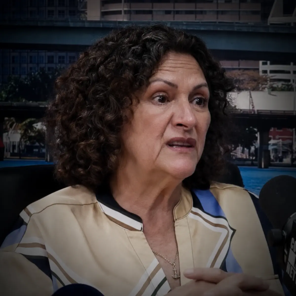 Side-view portrait of Judge Mavel Ruiz during a podcast interview.
