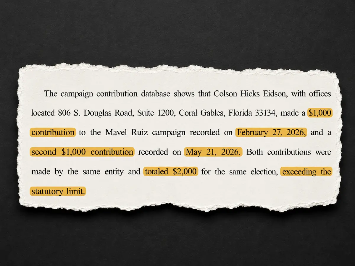 Florida Elections Commission complaint clipping describing alleged excessive contributions to the Mavel Ruiz campaign from Colson Hicks Eidson.