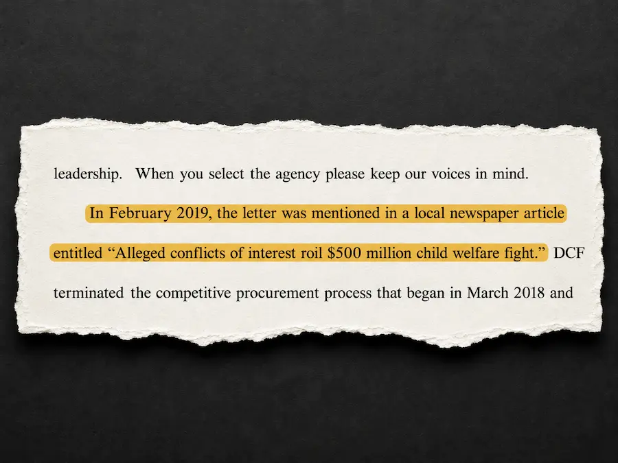 Florida Supreme Court reference to a newspaper article on alleged conflicts of interest in a $500 million child welfare fight.