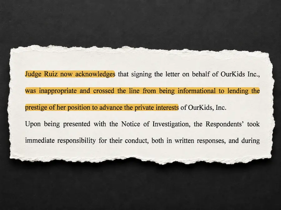 Judicial Qualifications Commission Stipulation acknowledging Judge Mavel Ruiz lent the prestige of her position to advance private interests.