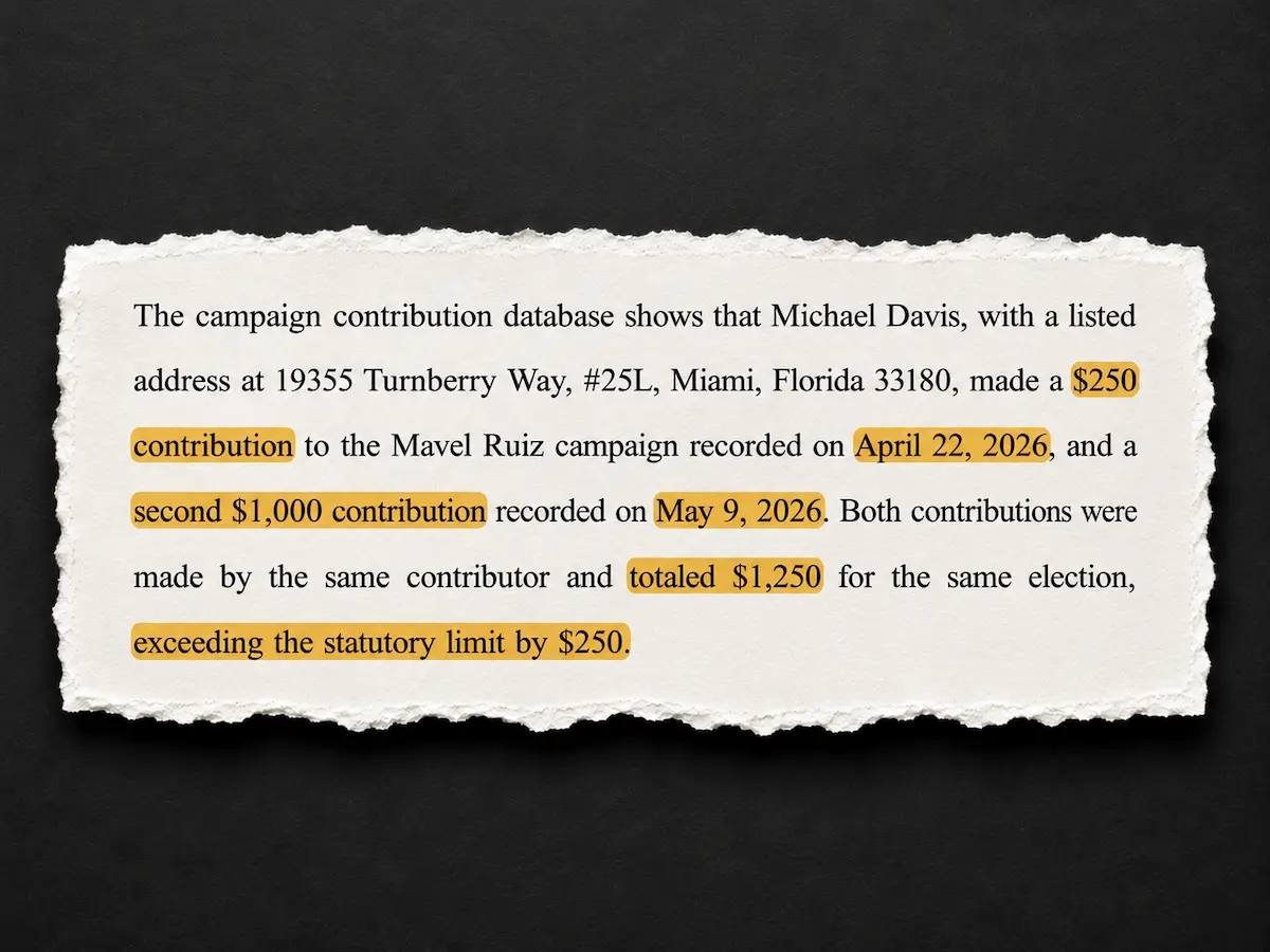Florida Elections Commission complaint clipping describing alleged excessive contributions to the Mavel Ruiz campaign from attorney Michael Davis.